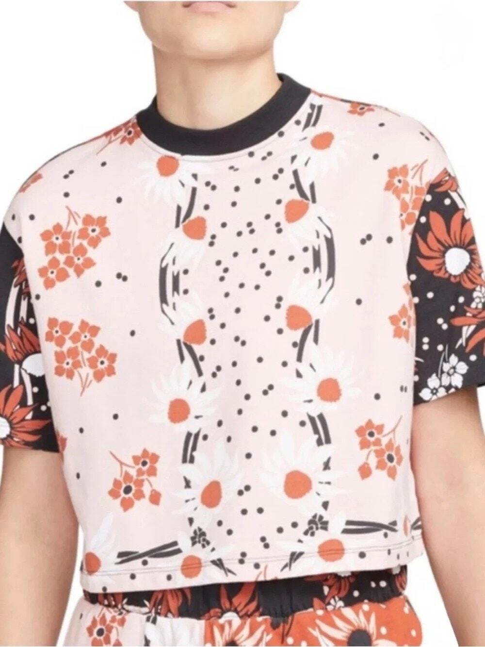 NIKE Top XL Floral Colorblock Pink Coral Logo Garden Party Jersey Cropped Tee